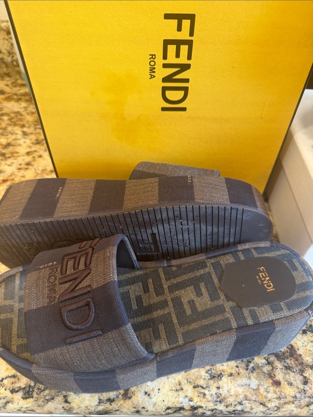 Fendi Brown Striped Platform Slide with Logo Strap - Picture 5 of 5